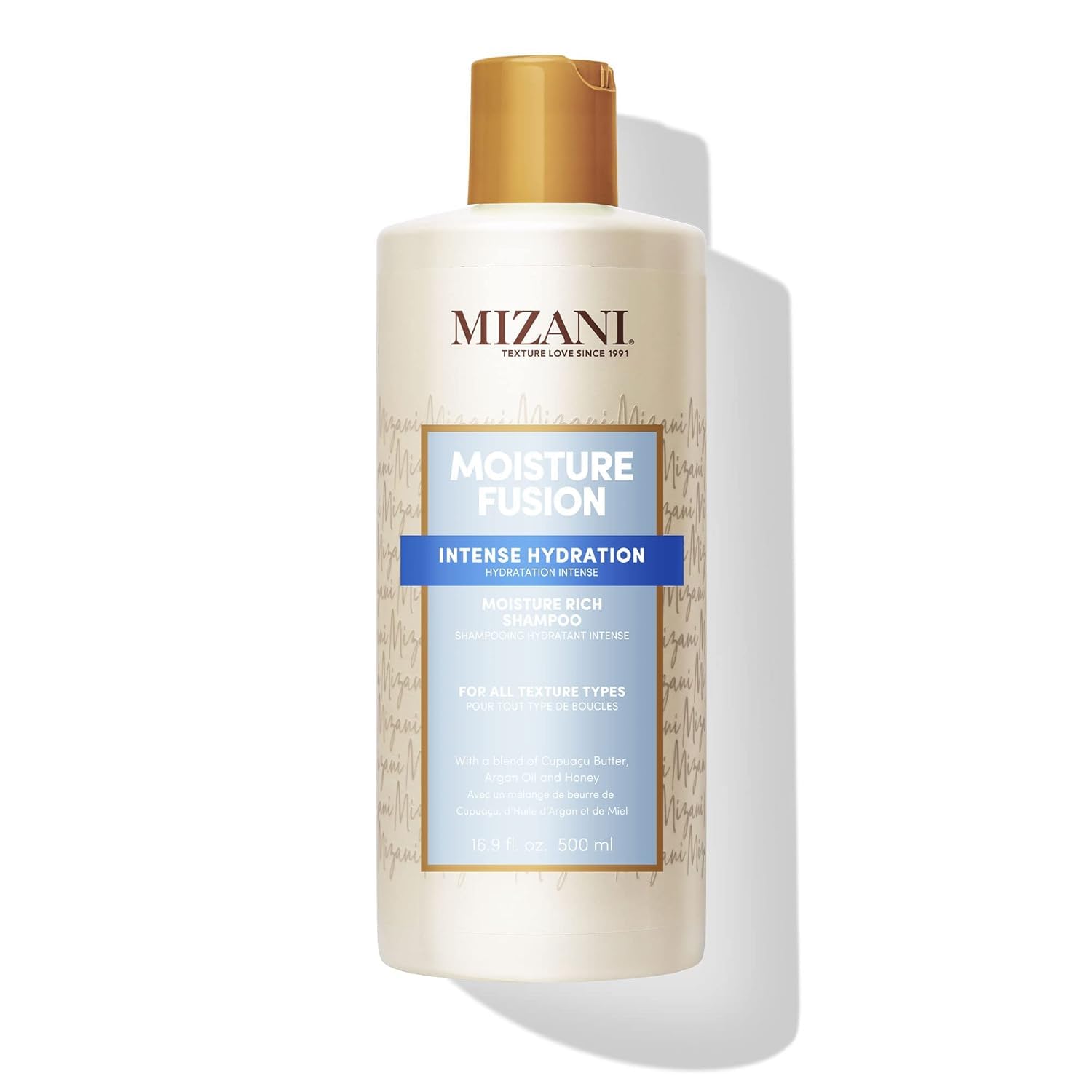 Mizani Moisture Fusion Shampoo bottle showcasing hydration for soft, manageable hair.
