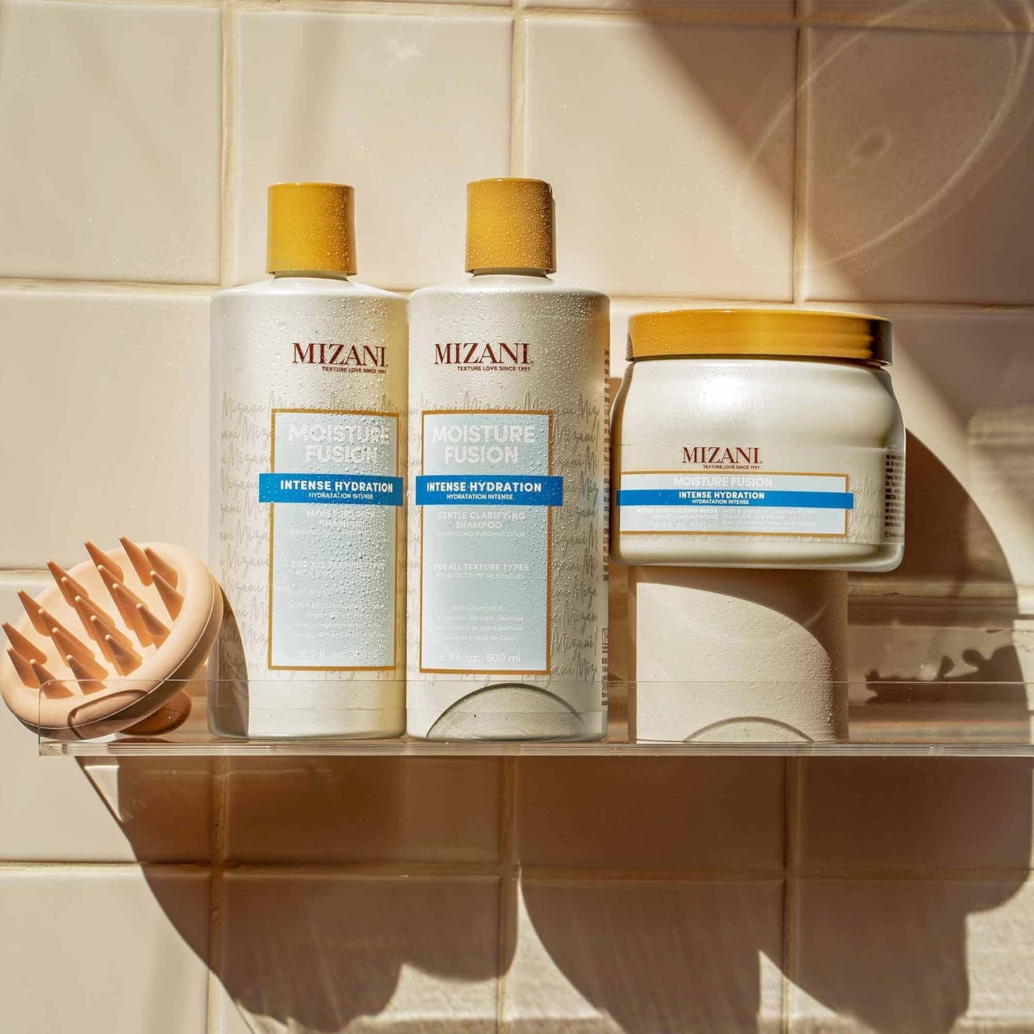 Mizani Moisture Fusion Shampoo packaging on salon-ready shelf highlights professional hydration.