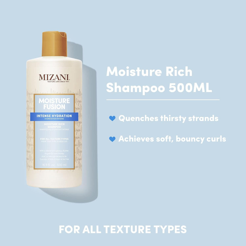 Mizani Moisture Fusion Shampoo scalp-massage demonstrates cleansing and hydration for dry strands.
