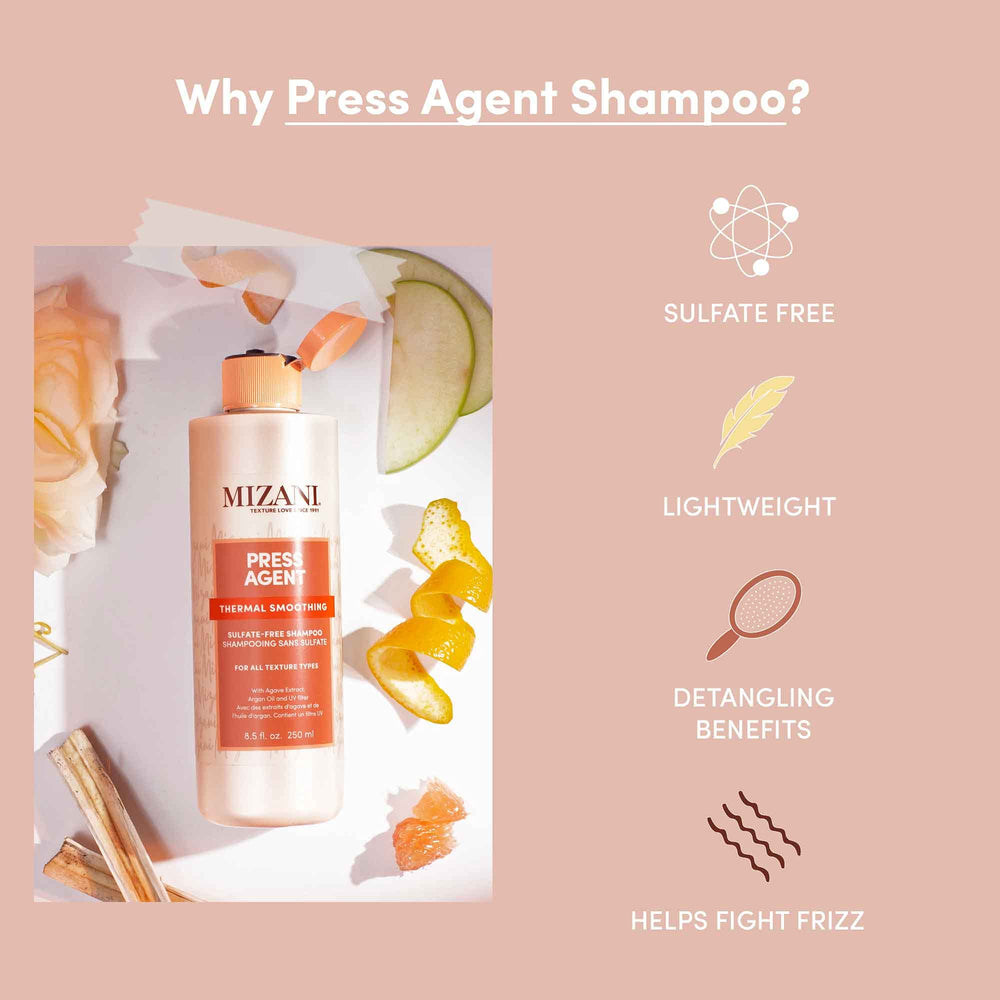 Fragrance notes jasmine, rose and freesia depicted on Mizani Press Agent packaging.