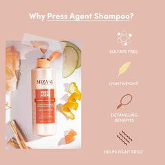 Fragrance notes jasmine, rose and freesia depicted on Mizani Press Agent packaging.