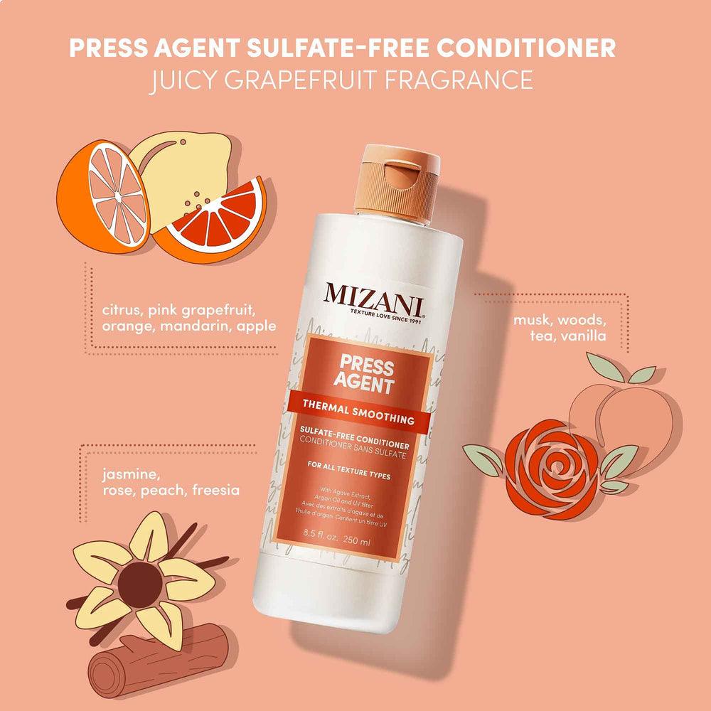 Mizani Press Agent label close-up showcases premium, sulfate-free styling.