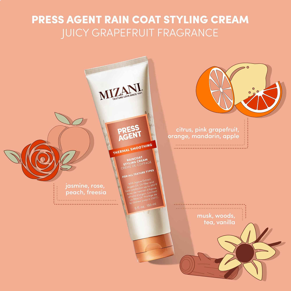 Close-up applying Mizani Raincoat to damp hair for a smooth blowout.