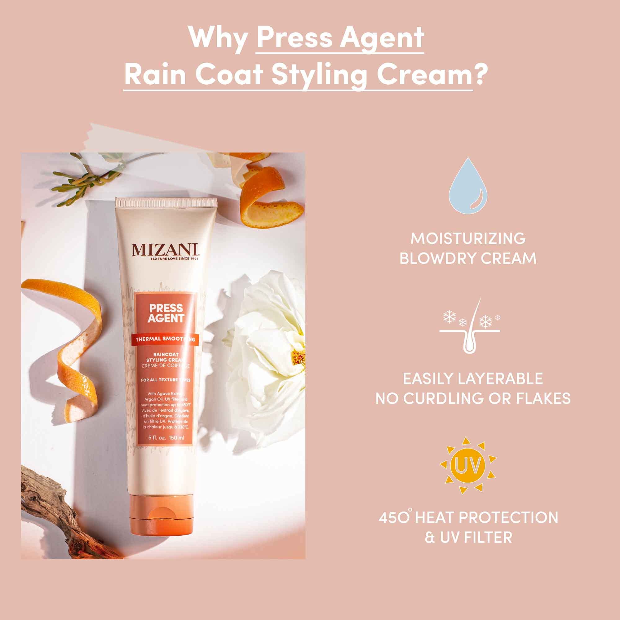 Mizani Raincoat heat protection up to 450F graphic for controlled styling.