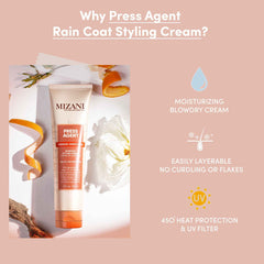 Mizani Raincoat heat protection up to 450F graphic for controlled styling.