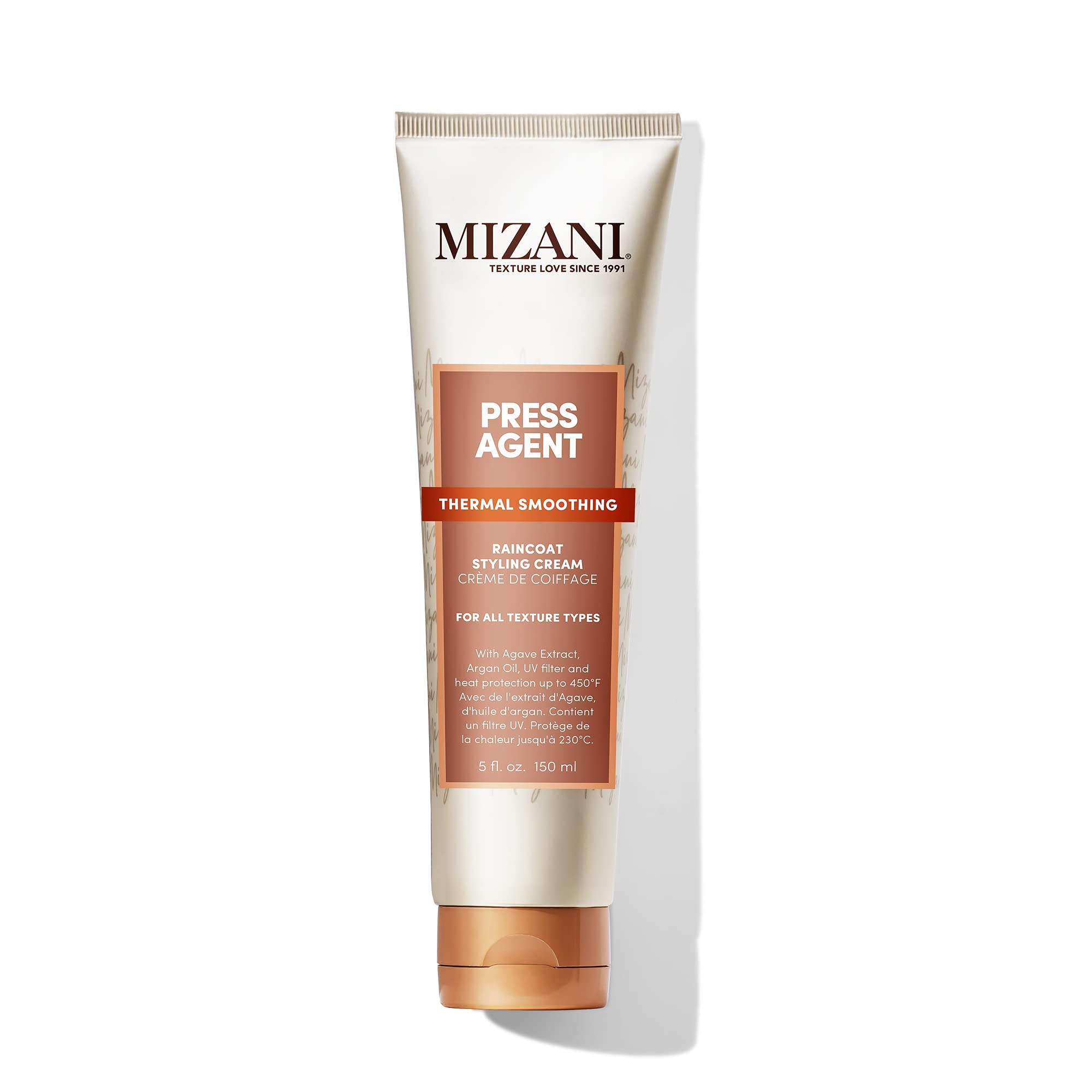 Mizani Press Agent Raincoat Styling Cream bottle delivering moisturizing heat protection for blowouts.