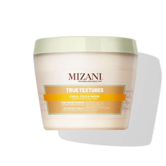 Mizani True Textures Curl Define Pudding bottle front shows defined, moisturized curls