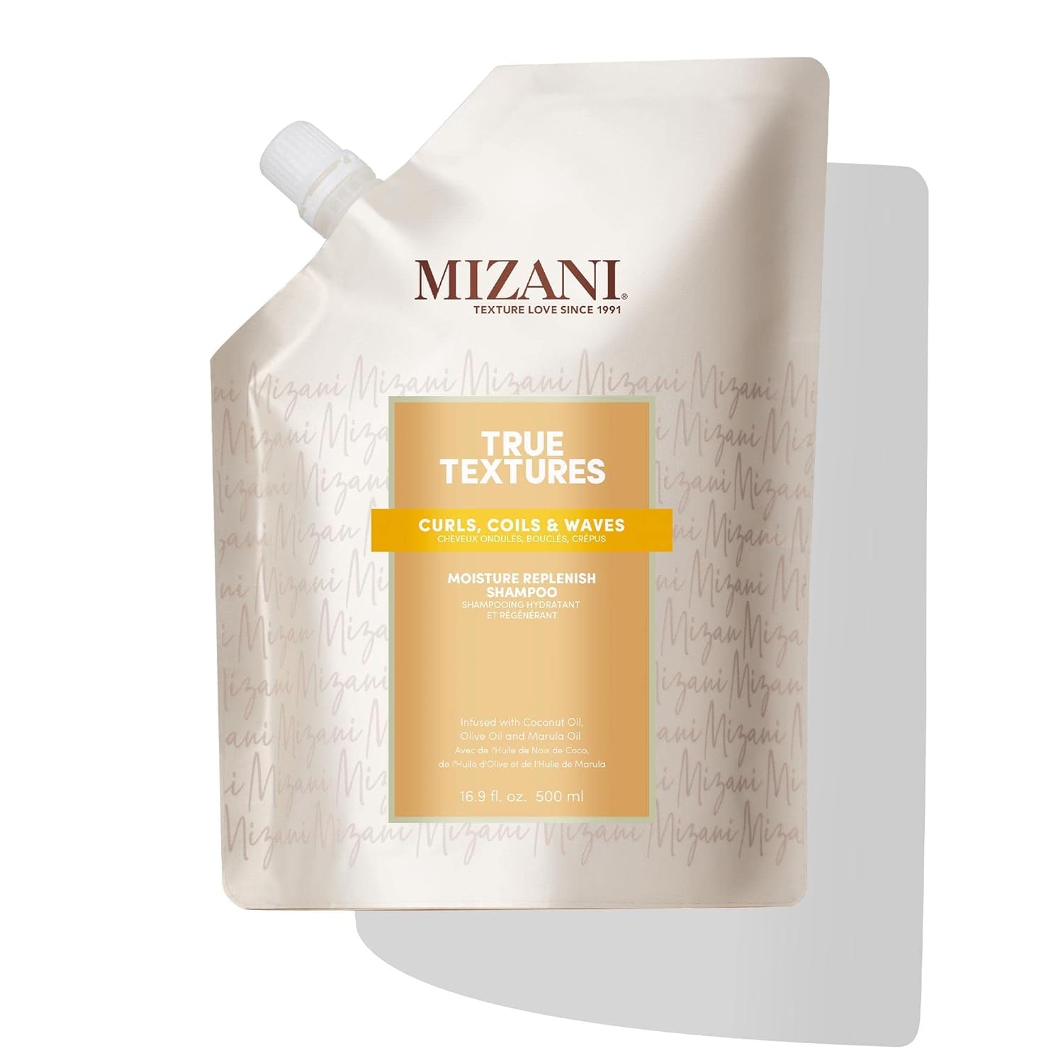 Mizani True Textures Moisture Replenish Shampoo bottle showing hydration for natural curls