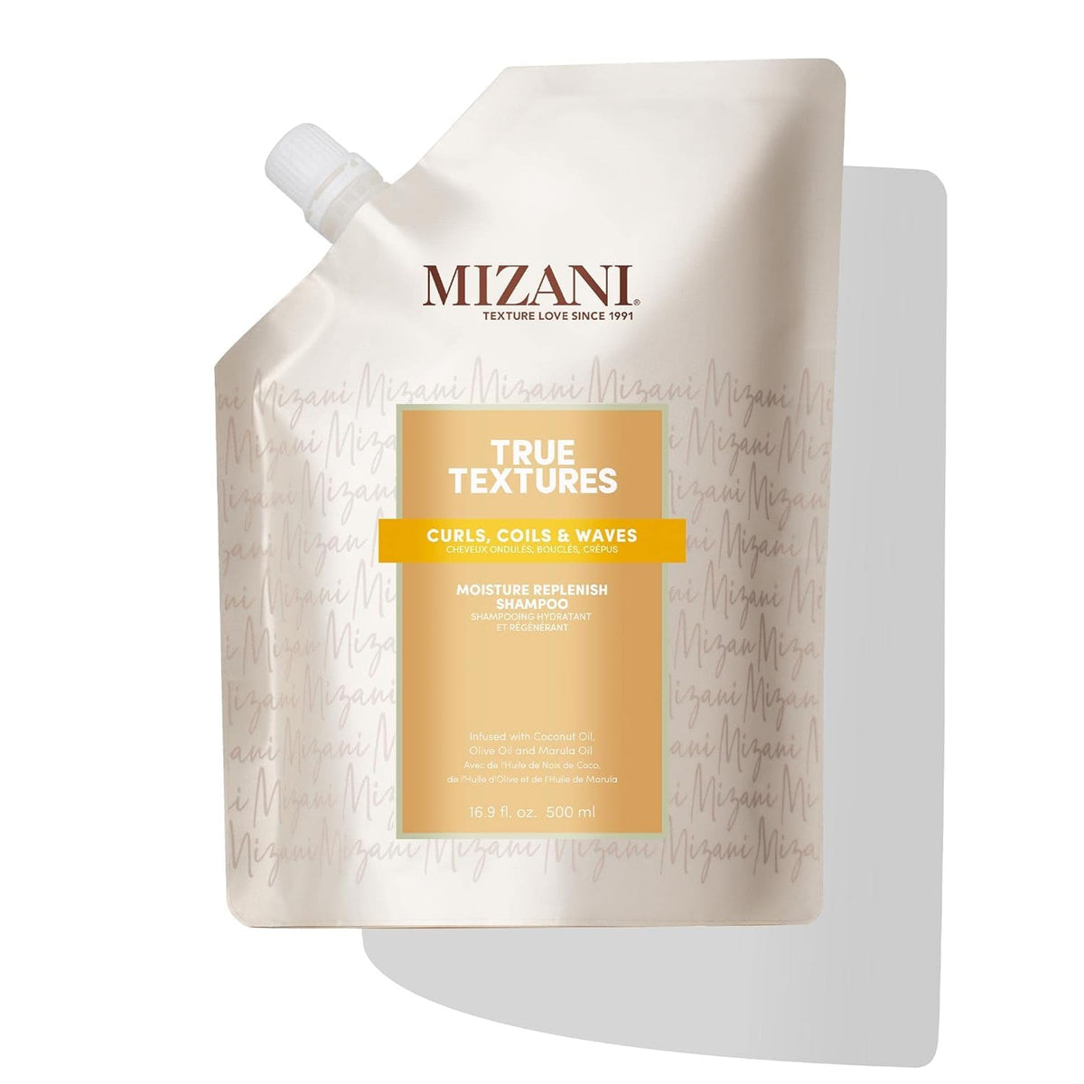 Mizani True Textures Moisture Replenish Shampoo bottle showing hydration for natural curls