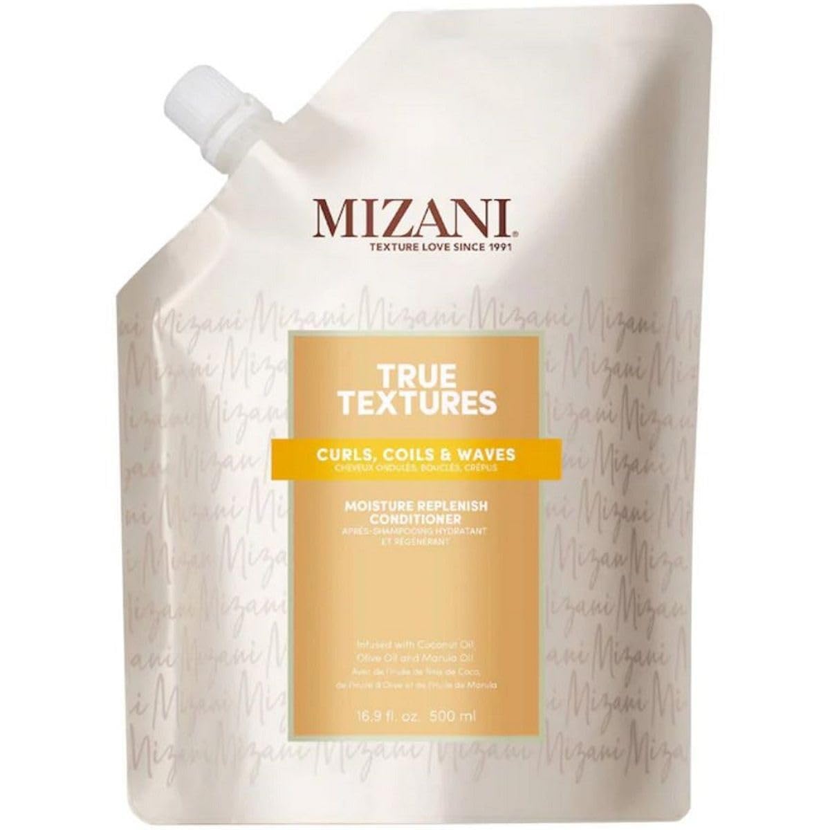 Mizani True Textures Moisture Replenish bottle for deep hydration of curls.