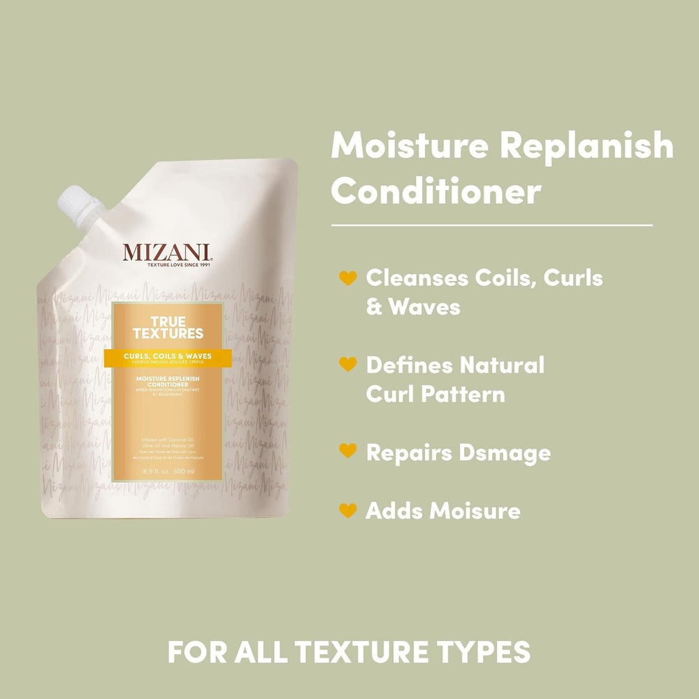 Mizani True Textures Moisture Replenish hair closeup showing creamy texture for detangling.