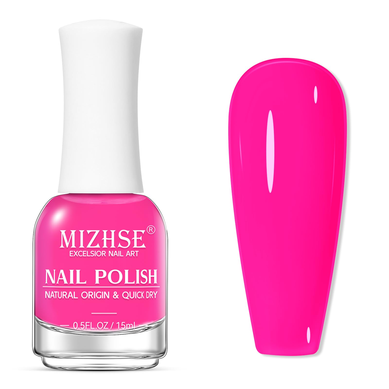 MIZHSE hot pink nail polish bottle top view showing rich color and shine