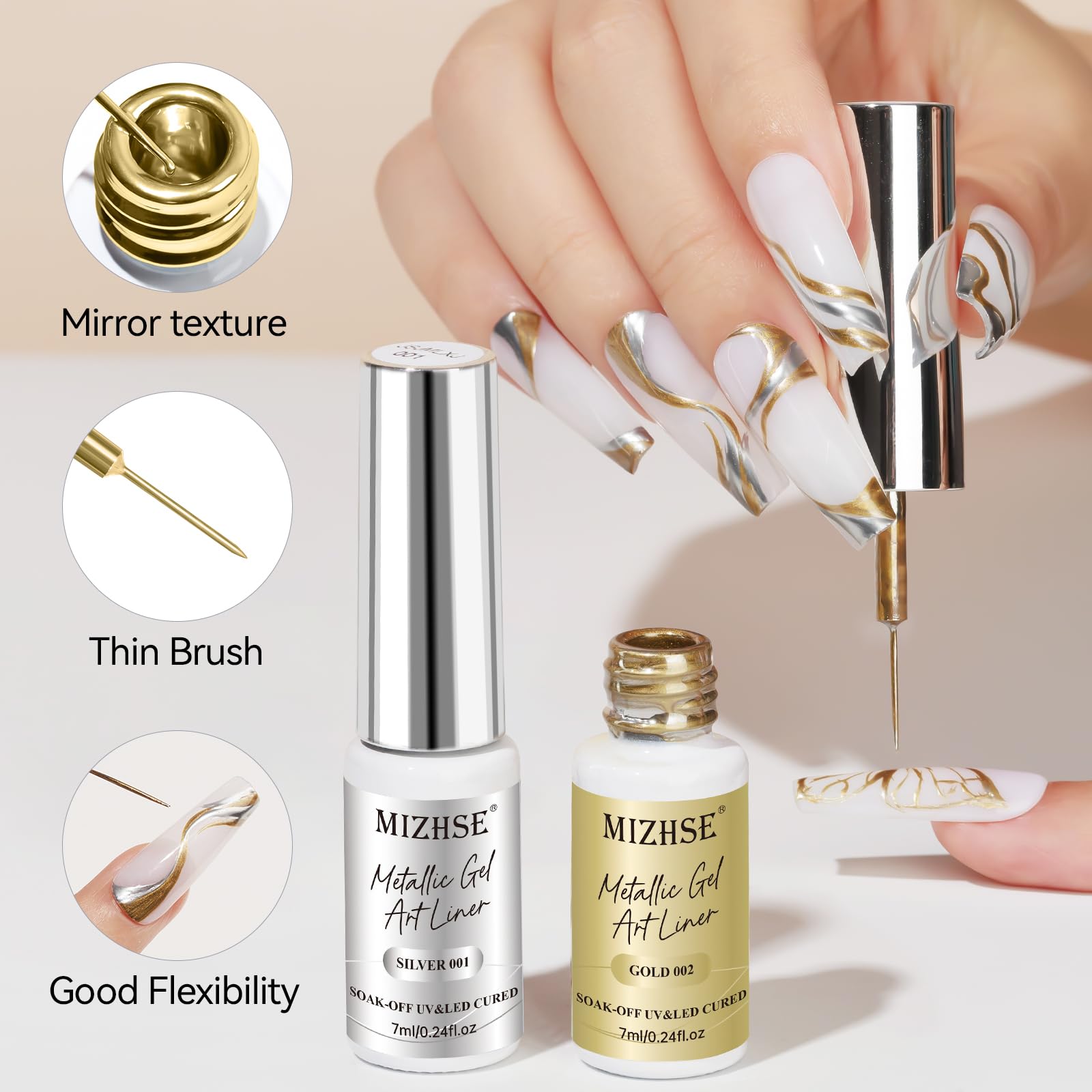 MIZHSE layered chrome effect on gel nails for durability.