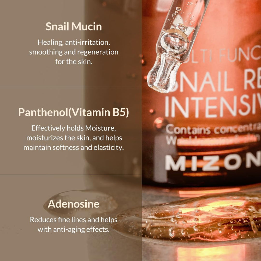MIZON ampolla reparación caracol, efecto hialurónico para piel más suave.
