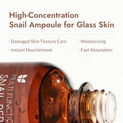 MIZON ampolla reparación caracol, ingredientes clave como mucina de caracol para hidratación.