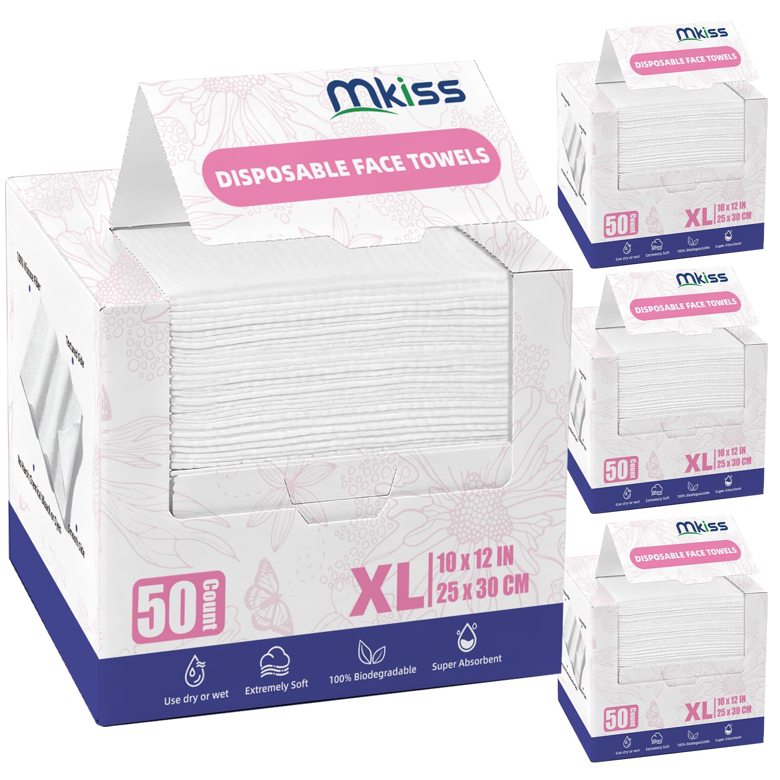 MKISS toallas faciales desechables 200 unidades en empaque, cuidado suave para piel sensible.