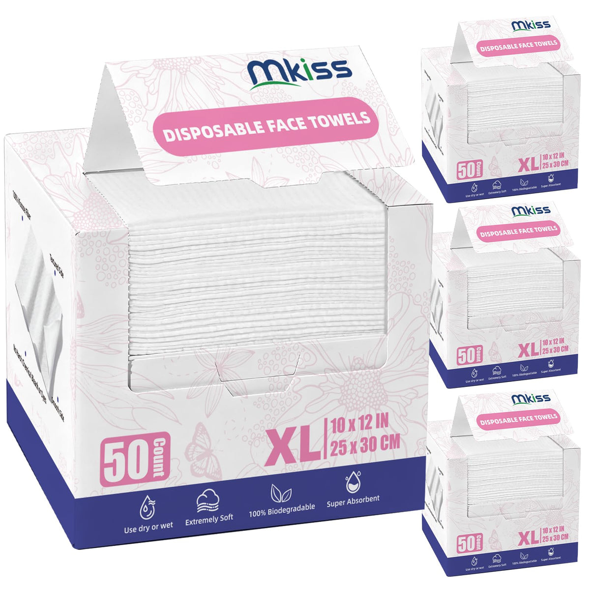 MKISS toallas faciales desechables 200 unidades en empaque, cuidado suave para piel sensible.