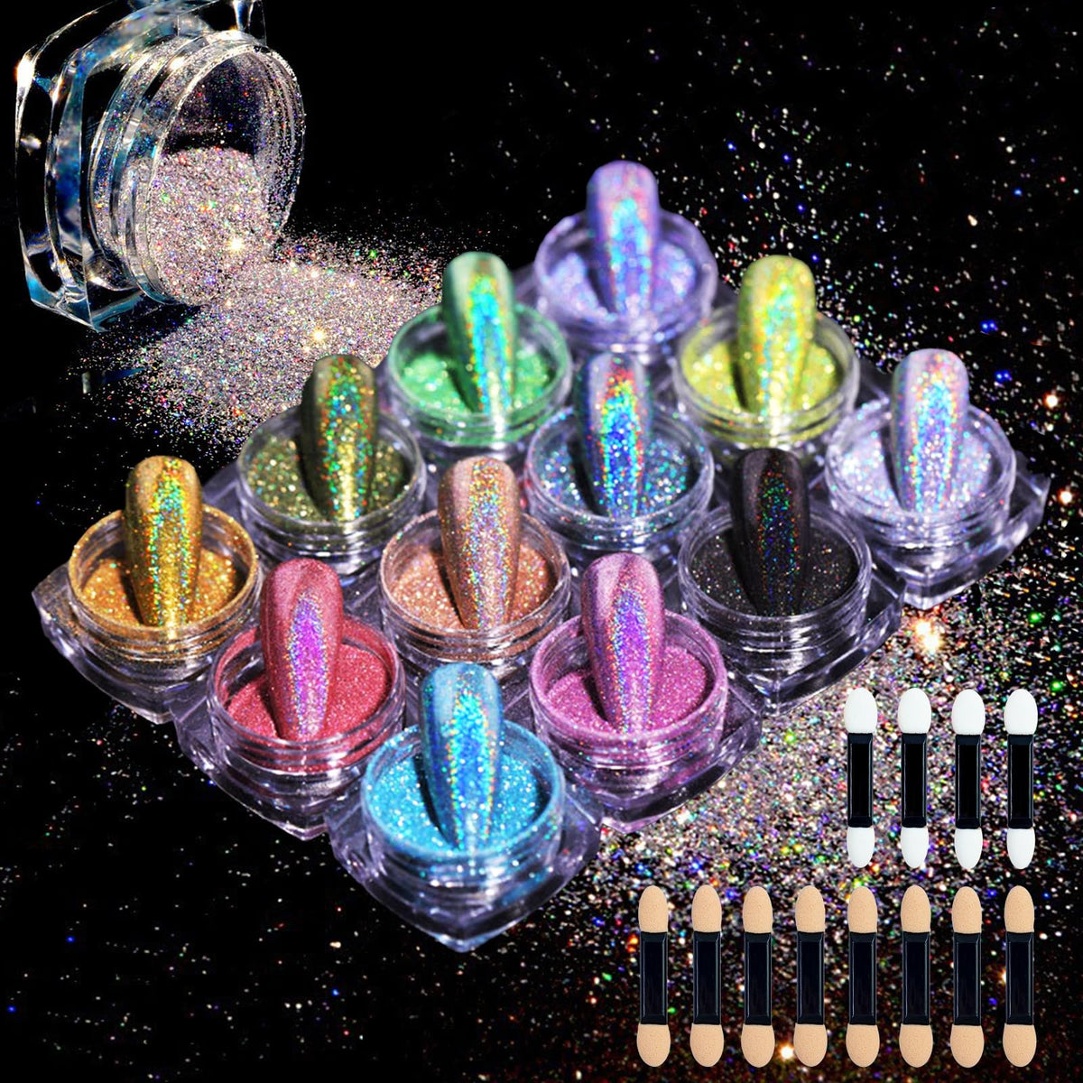 MKNZOME 12 jars holographic nail powder for smooth, professional-looking chrome nails.