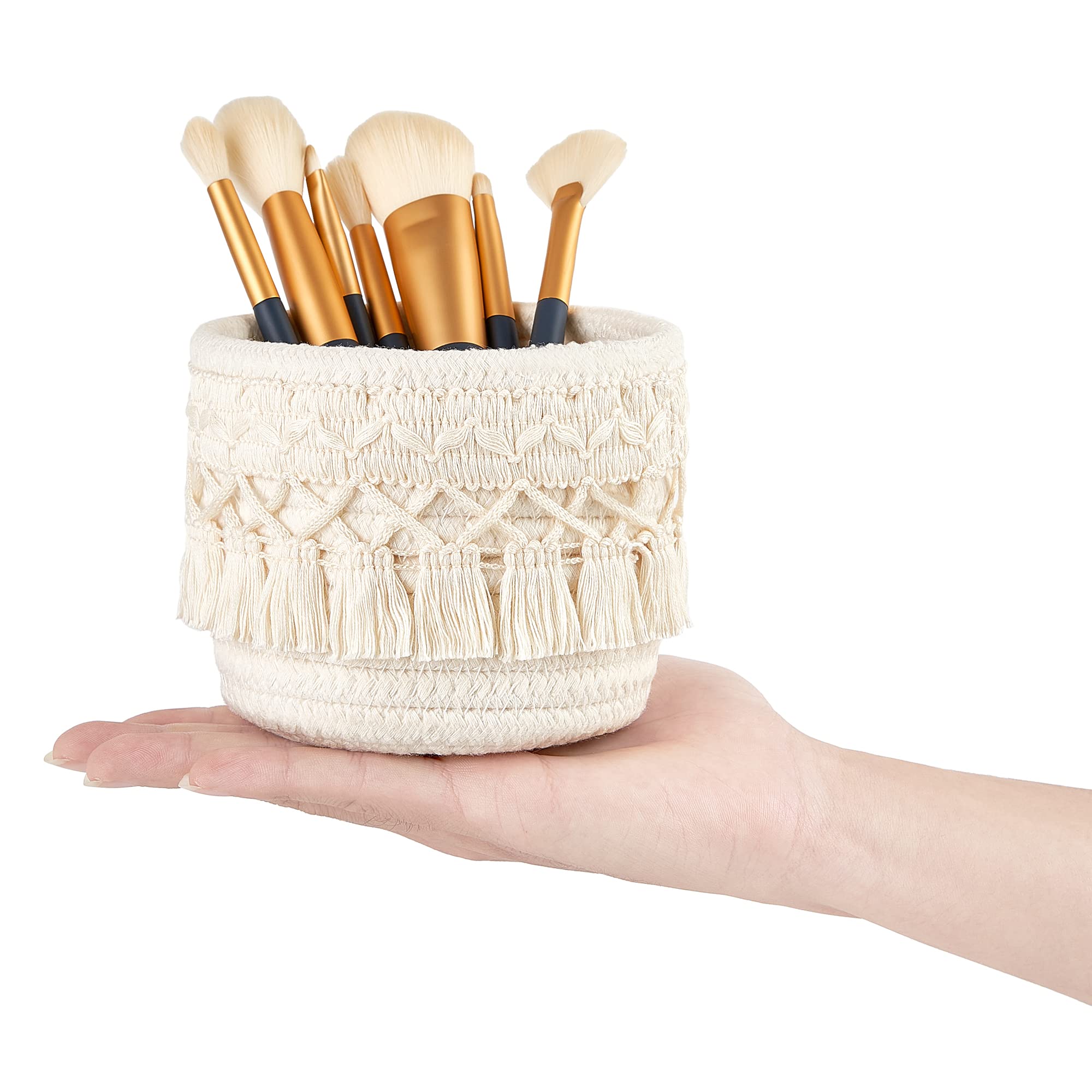 Mkono bathroom counter decor idea with ivory macrame basket