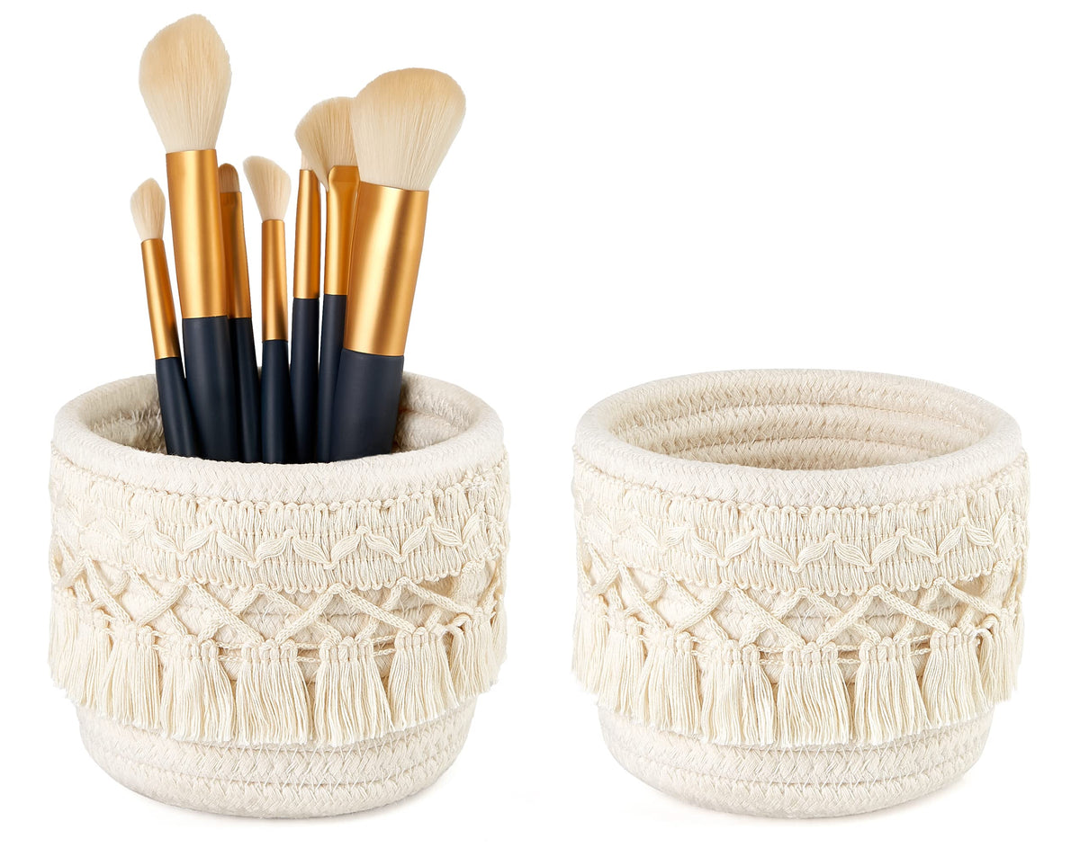Mkono macrame makeup brush holder in ivory with tassel keeps vanity brushes neatly organized
