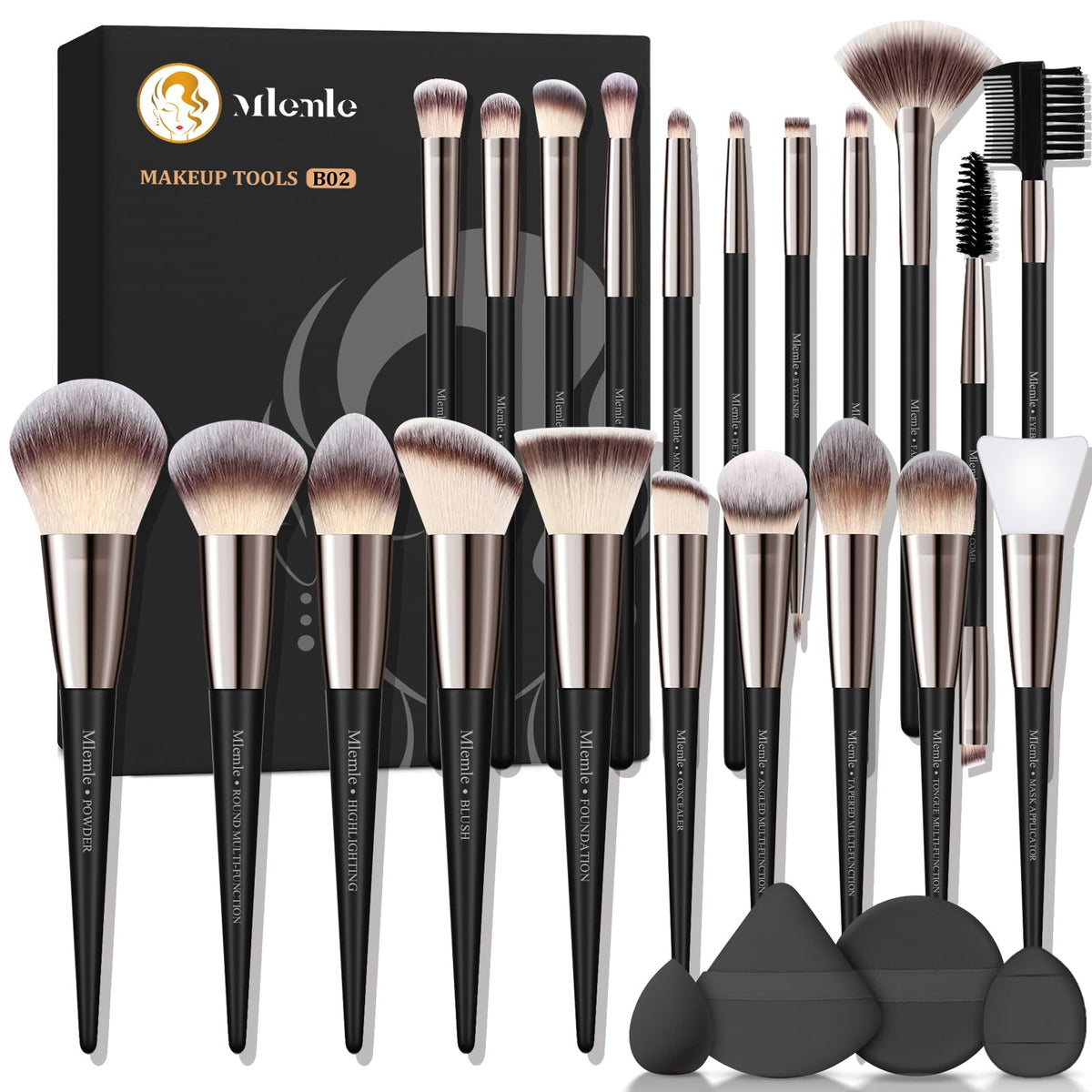 Mlemle makeup brush set 21 brushes displayed in elegant packaging for versatile daily makeup
