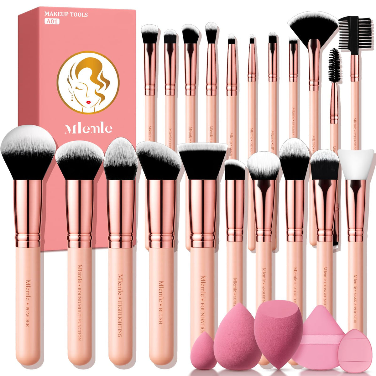 Mlemle makeup brush set with 21 brushes for versatile daily looks.