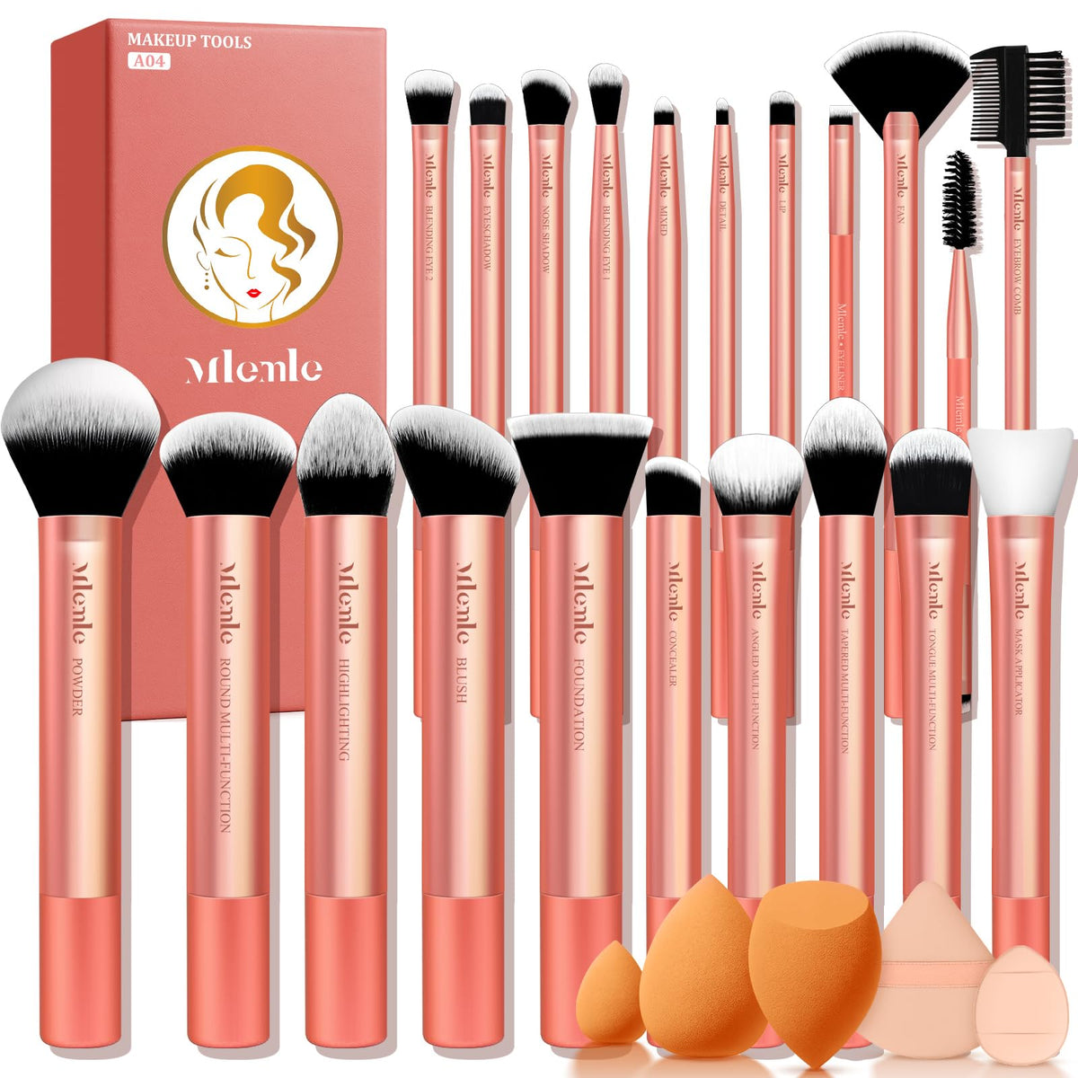 Mlemle 21-piece makeup brush set close-up showing precise brush heads