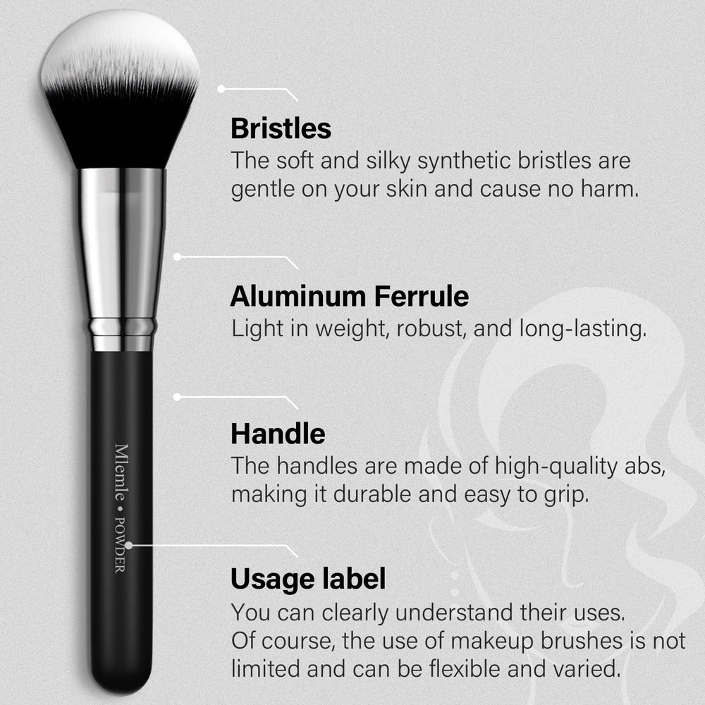 Close-up of Mlemle soft synthetic bristles for smooth, gentle powder pickup.