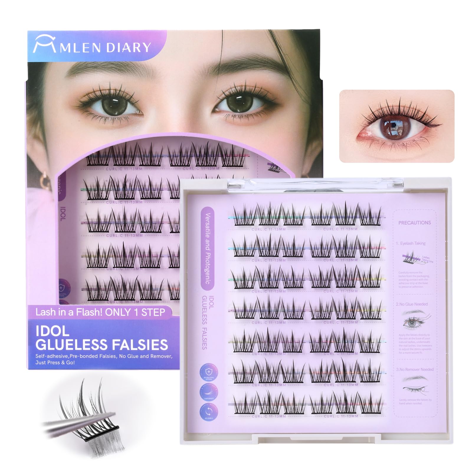MLEN DIARY self-adhesive lash clusters in 11-13mm for quick glue-free application.