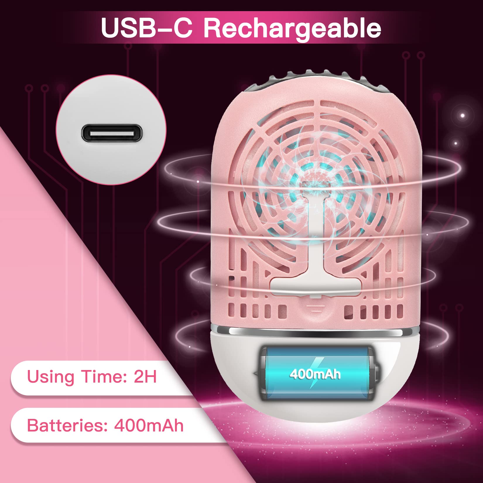 mlogiroa Lash Fan with Type-C USB port for easy charging and reliable power.