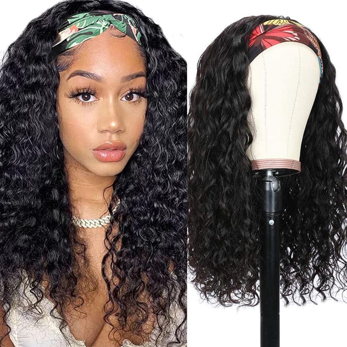 mmiqus headband wig water wave closeup showing silky Remy hair for natural daily wear.