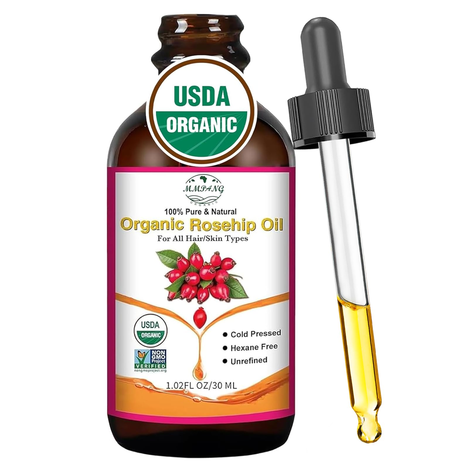 MMPANG Aceite de rosa mosqueta, botella de 30 ml, hidratación suave para la piel.
