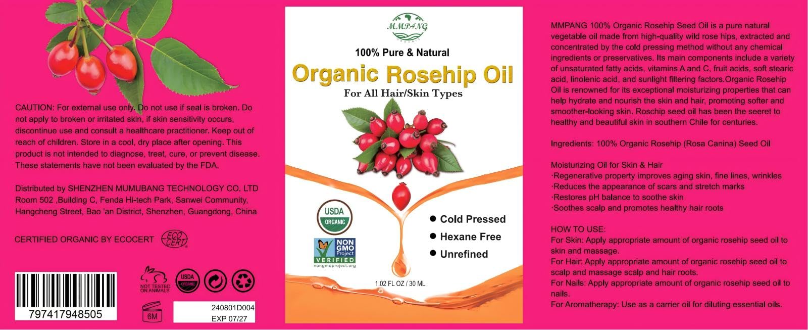 MMPANG Aceite de rosa mosqueta, envase ámbar protege la pureza.