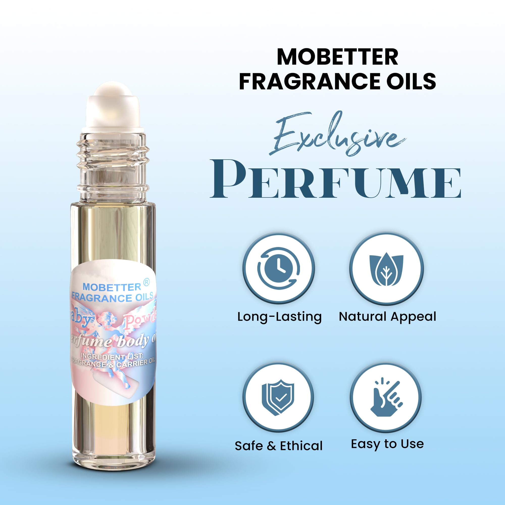 MOBETTER FRAGRANCE OILS Baby Powder: perfume unisex en acercamiento mostrando notas cálidas.