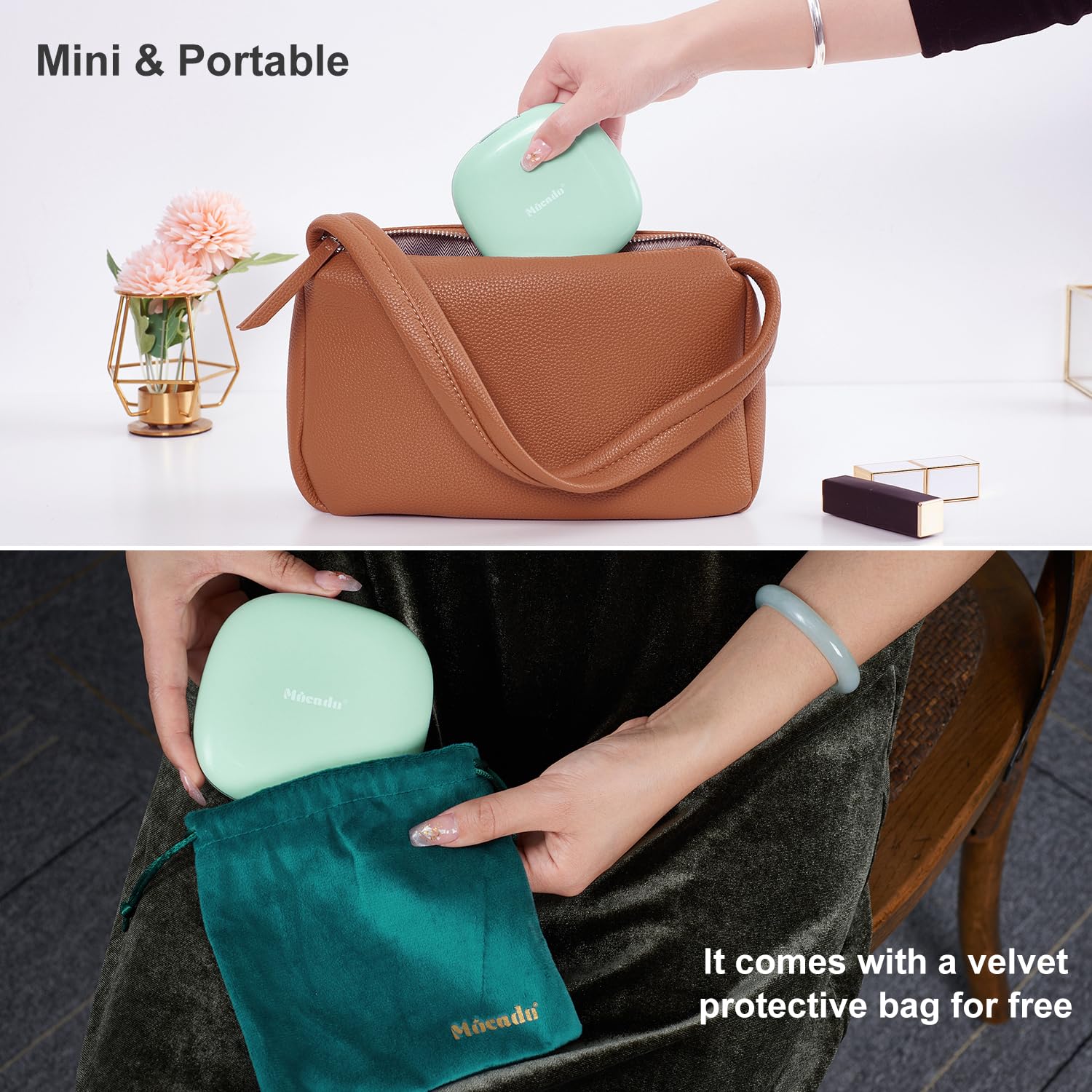 Mocado pocket-size mirror fits purses and travel bags for easy touch-ups.