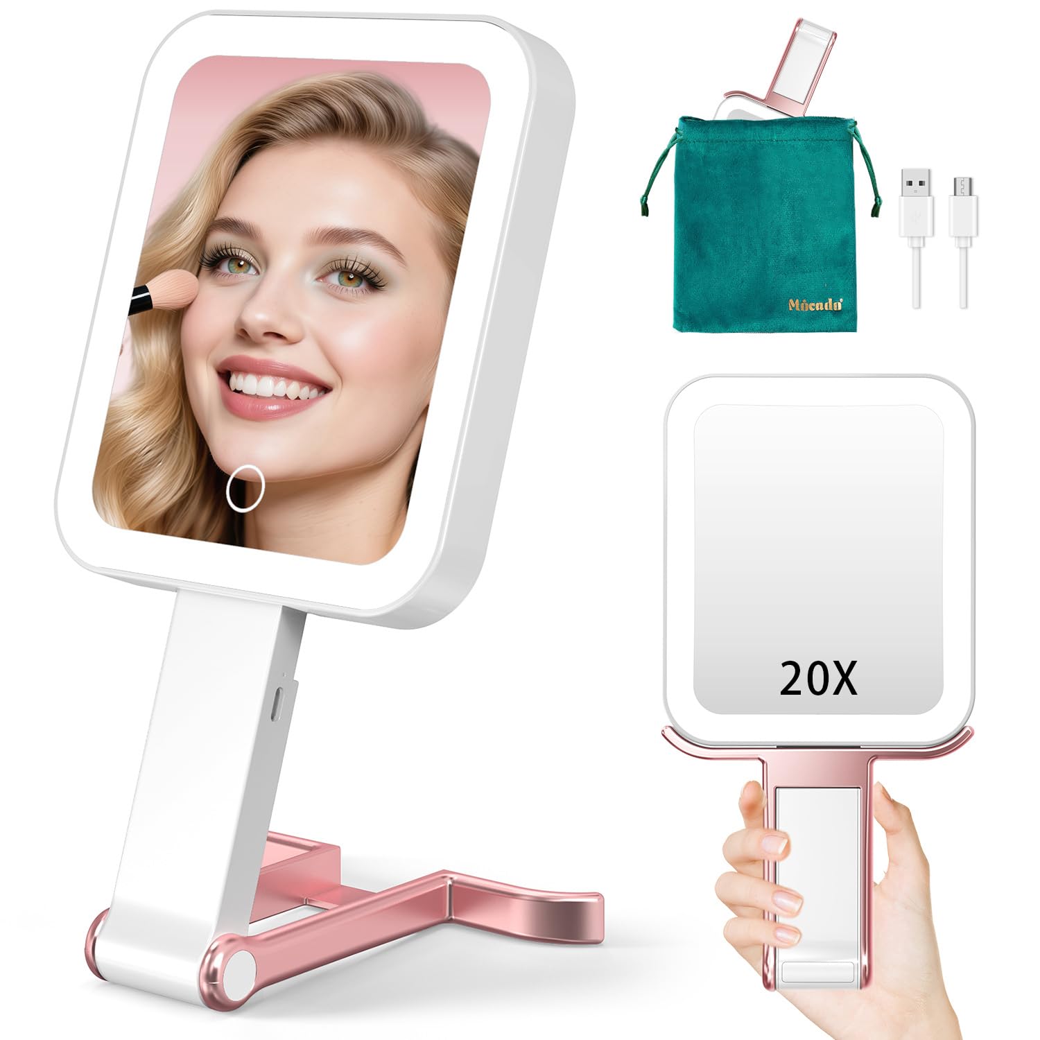 Mocado travel makeup mirror with lights shows 1x/20x views for easy detail checks