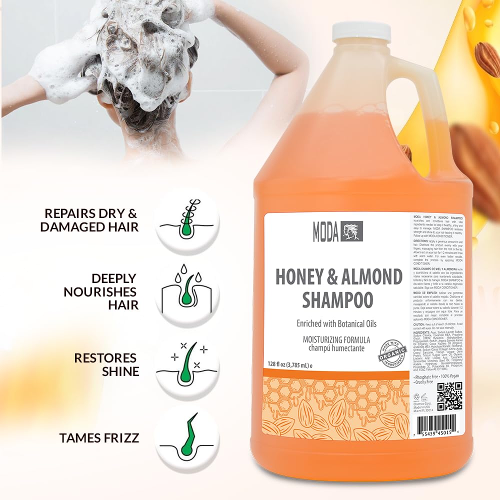 MODA Champú miel-almendra con ingredientes clave para cabello suave y nutrido
