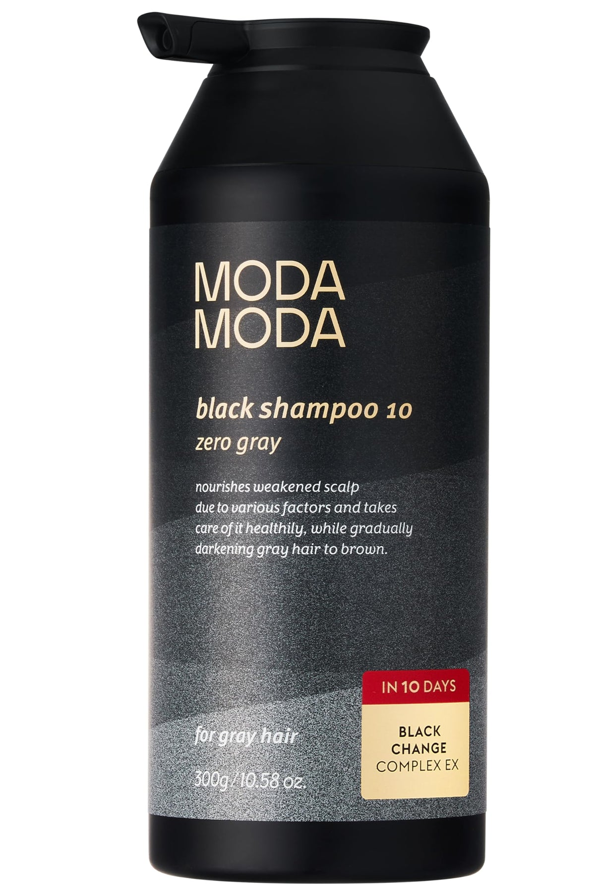 MODA MODA Zero Gray Black Shampoo bottle highlighting natural color darkening and scalp nourishment