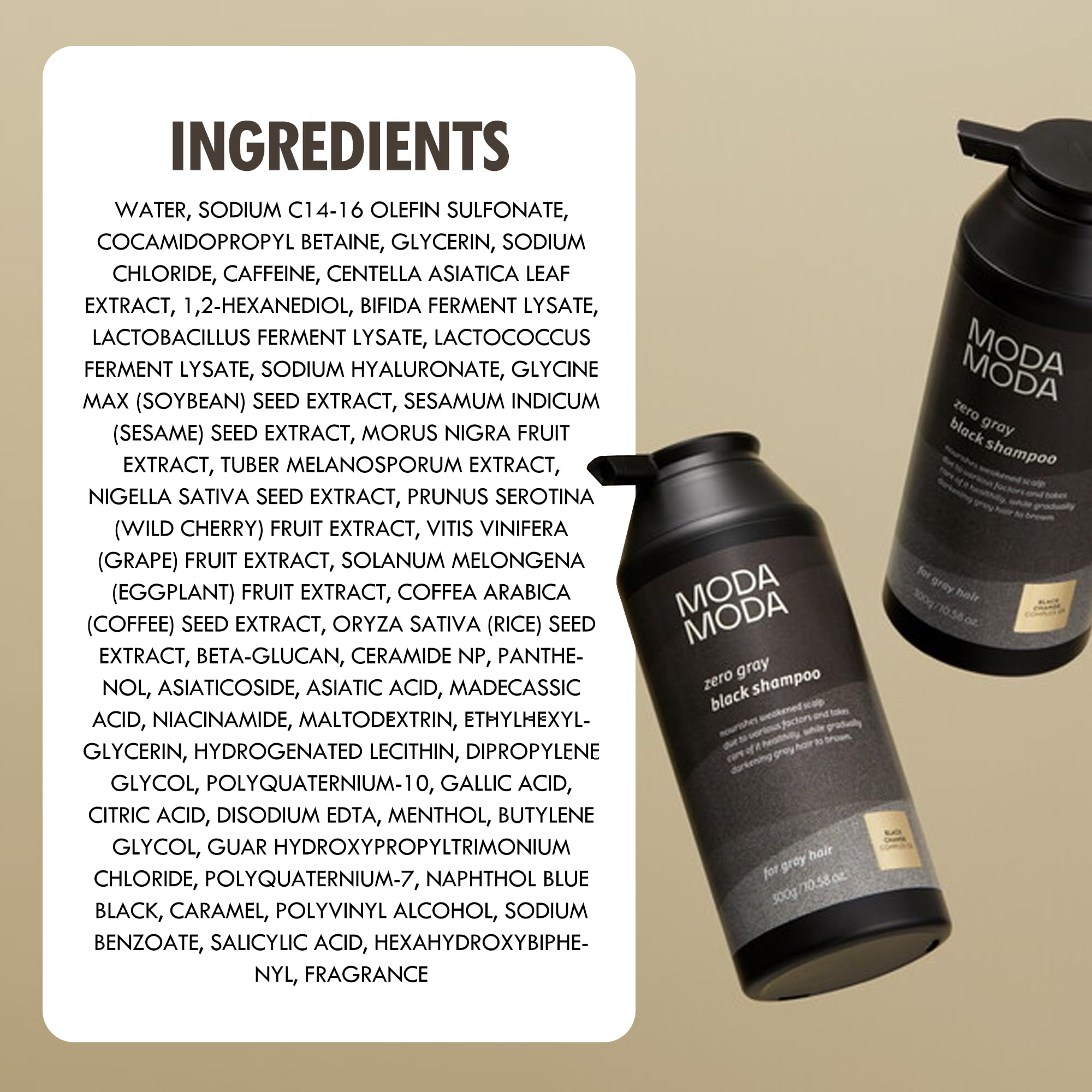 MODA MODA Zero Gray Black Shampoo packaging emphasizing natural ingredients