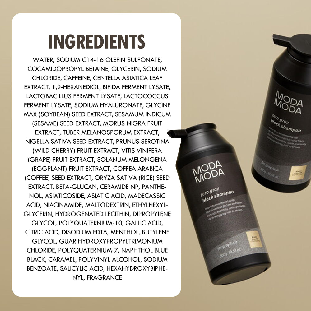 MODA MODA Zero Gray Black Shampoo packaging emphasizing natural ingredients