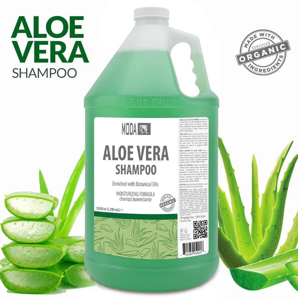 MODA Shampoo closeup highlights jojoba oil and vitamin E for nourishment.