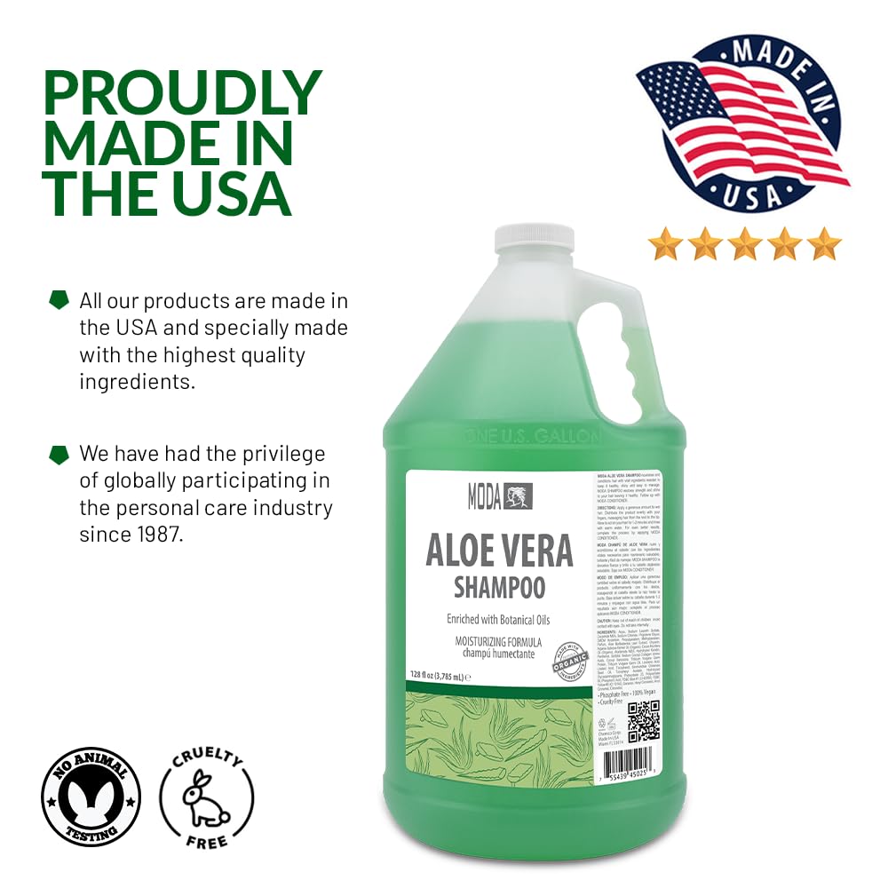 MODA bottle highlights keratin, glycerin, and vitamin E for smoother hair.