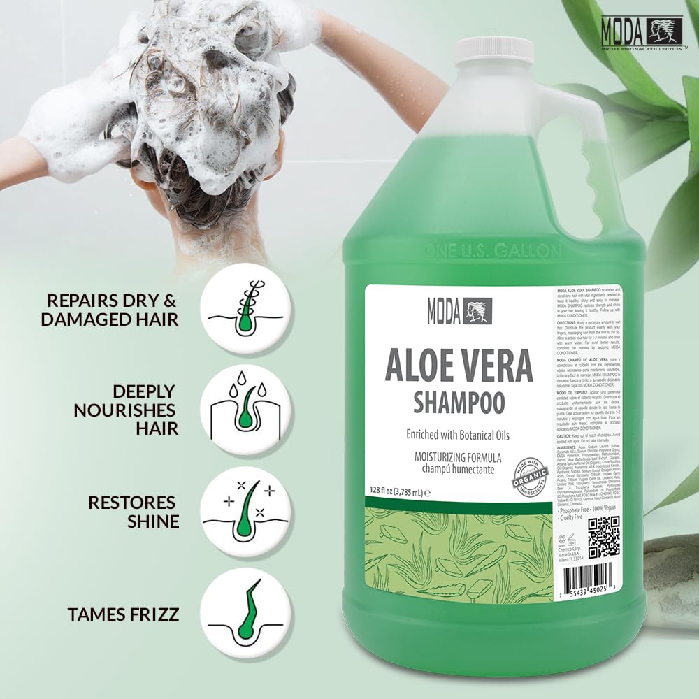 MODA Moisturizing Shampoo label closeup highlights sulfate-free and silicone-free formula.