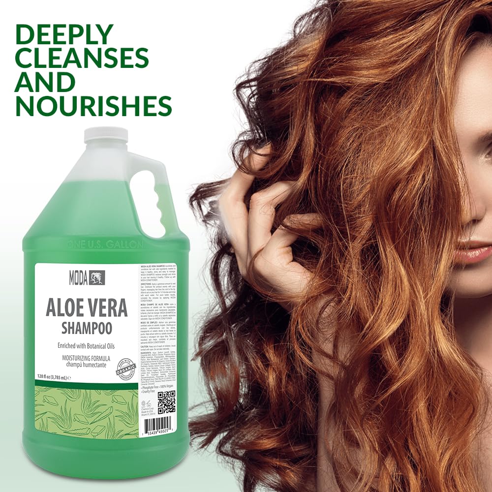 MODA Moisturizing Shampoo graphic emphasizes silicone-free and alcohol-free benefits.
