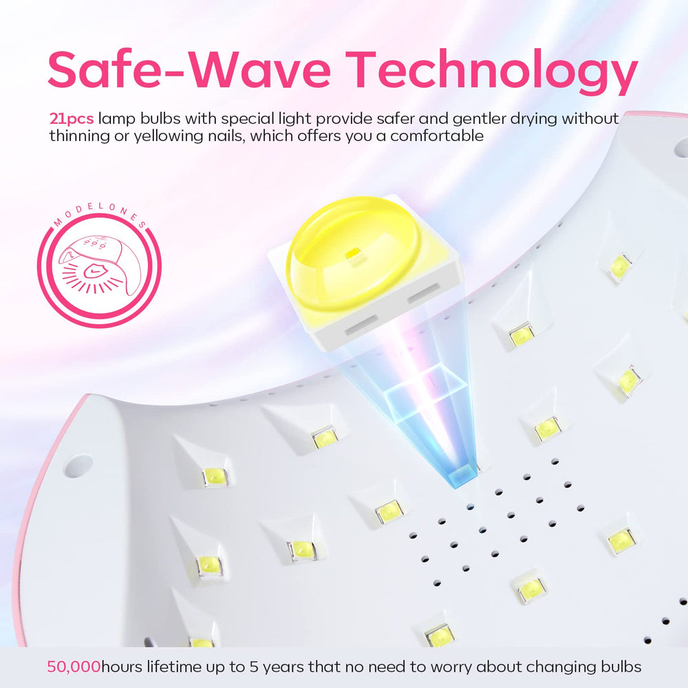 Modelones gel polish cure with 21 LED/UV lights for faster results.