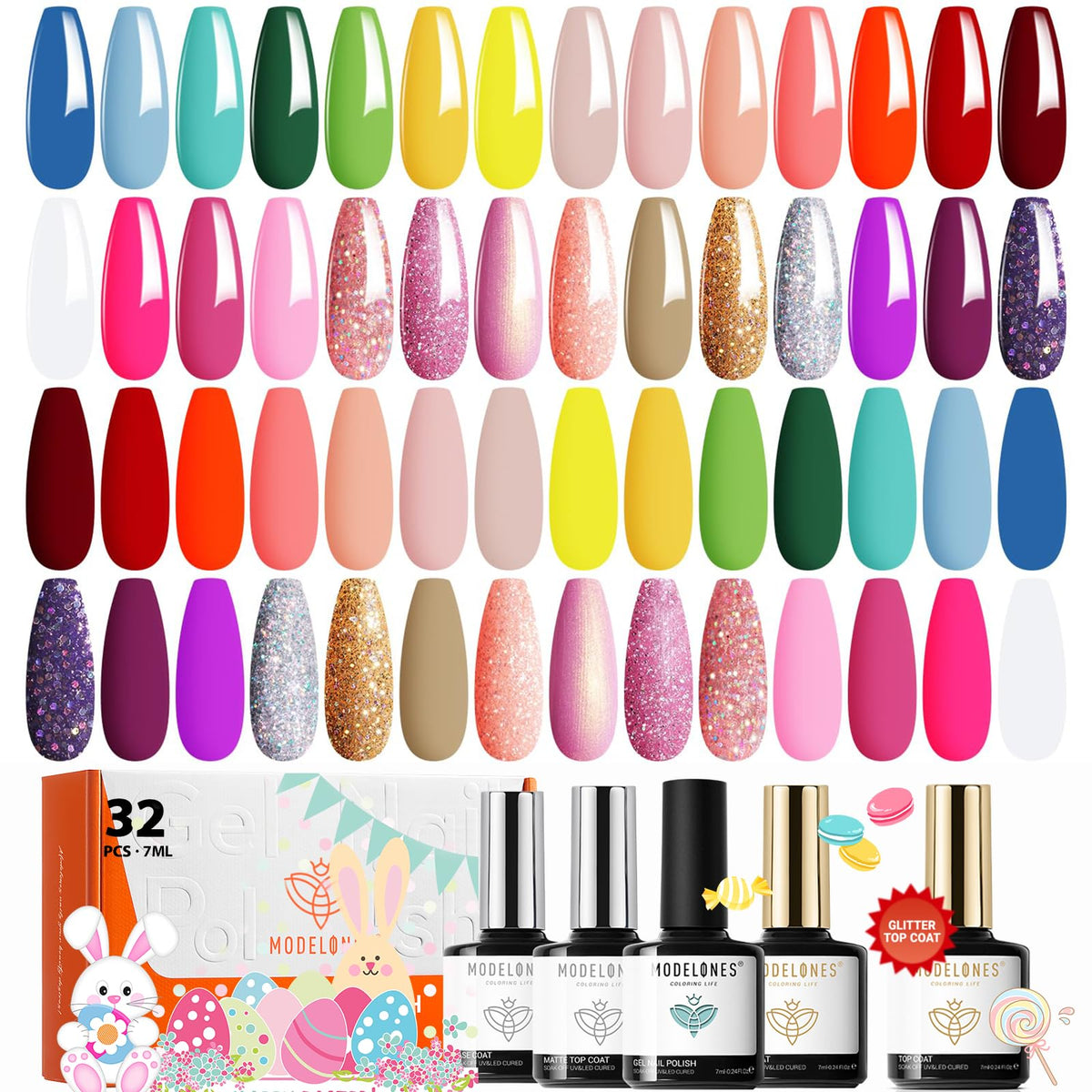 Modelones 32-pcs gel nail set bottle closeup for precise color selection.