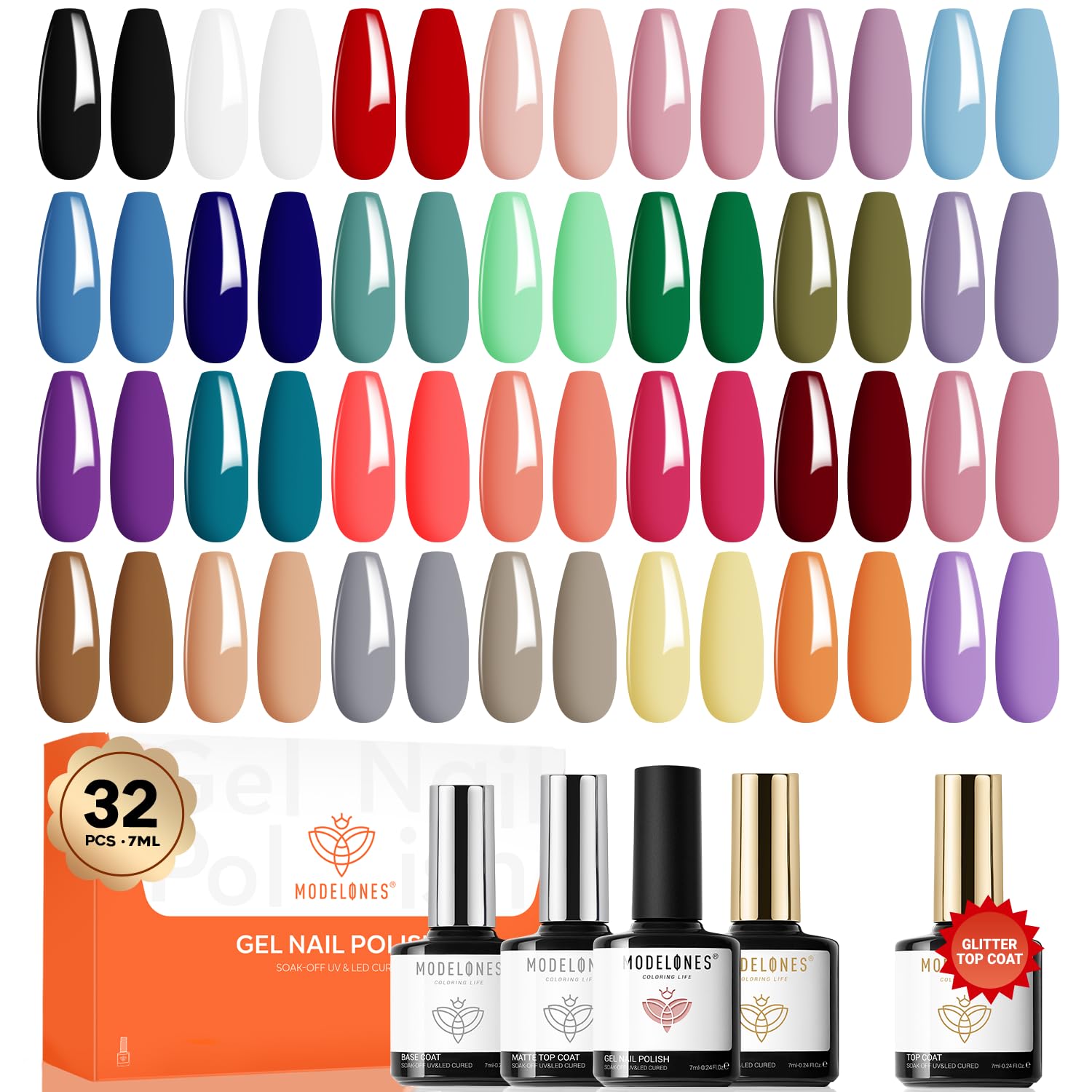 Modelones 32-piece gel polish set color display for versatile at-home manicures.