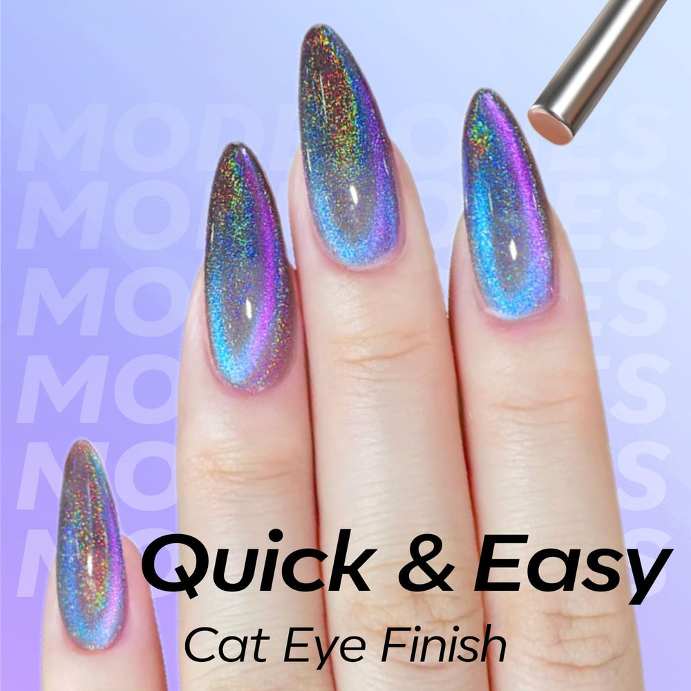 Modelones 9D ojo-gato, efecto galaxia azul-violeta para uñas con brillo profundo.