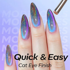 Modelones 9D ojo-gato, efecto galaxia azul-violeta para uñas con brillo profundo.