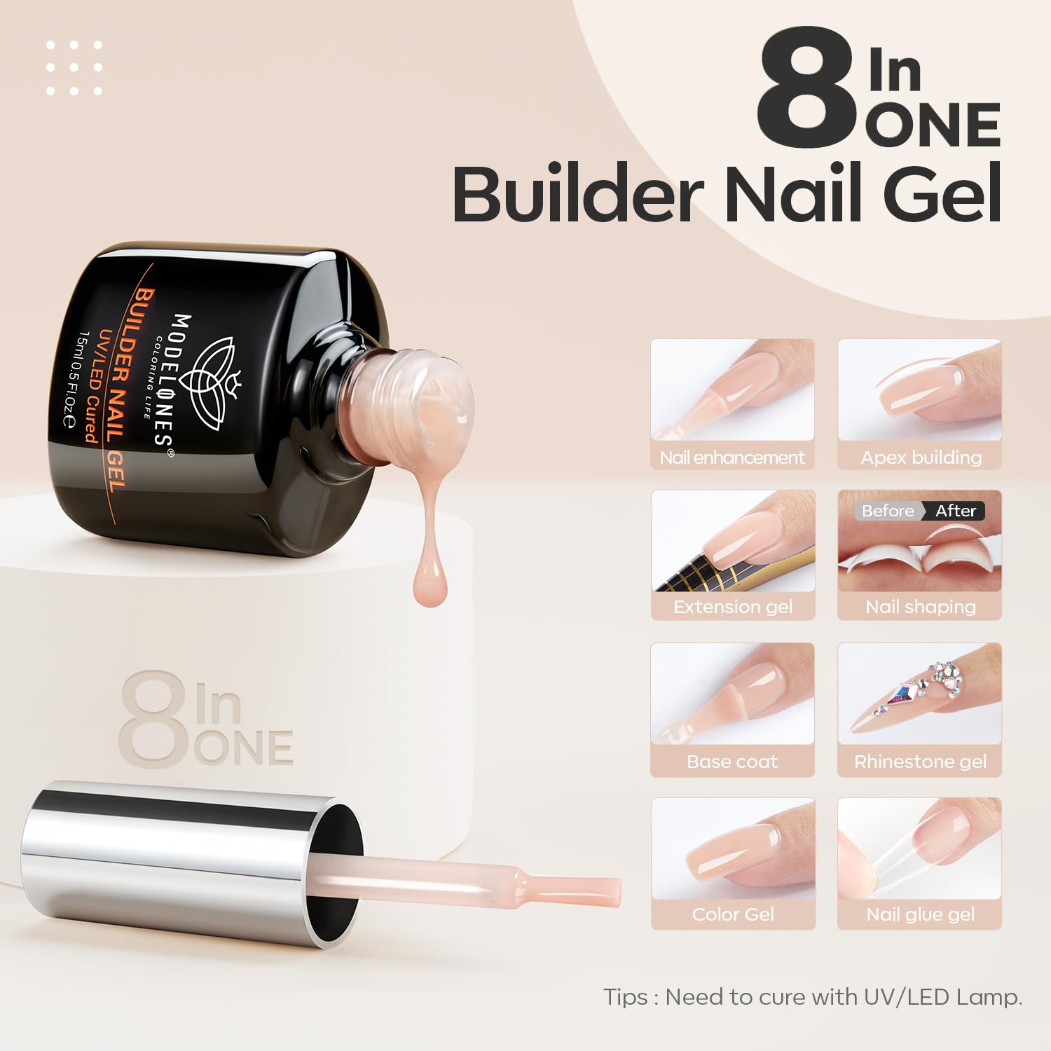 Modelones con pincel integrado facilita aplicación suave del gel en uñas.